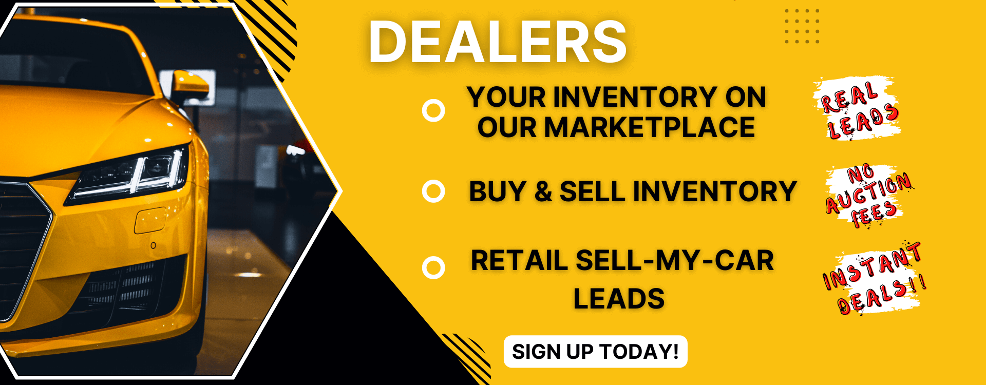 1Click Auto Auction banner: dealer services, real leads, no fees, instant deals.